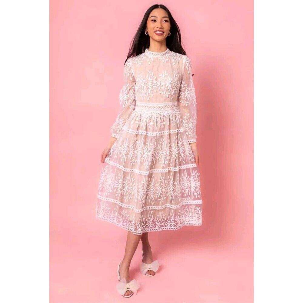 Ivy City Champagne White Floral High Neck Long Midi Long Sleeve Sicily Dress S